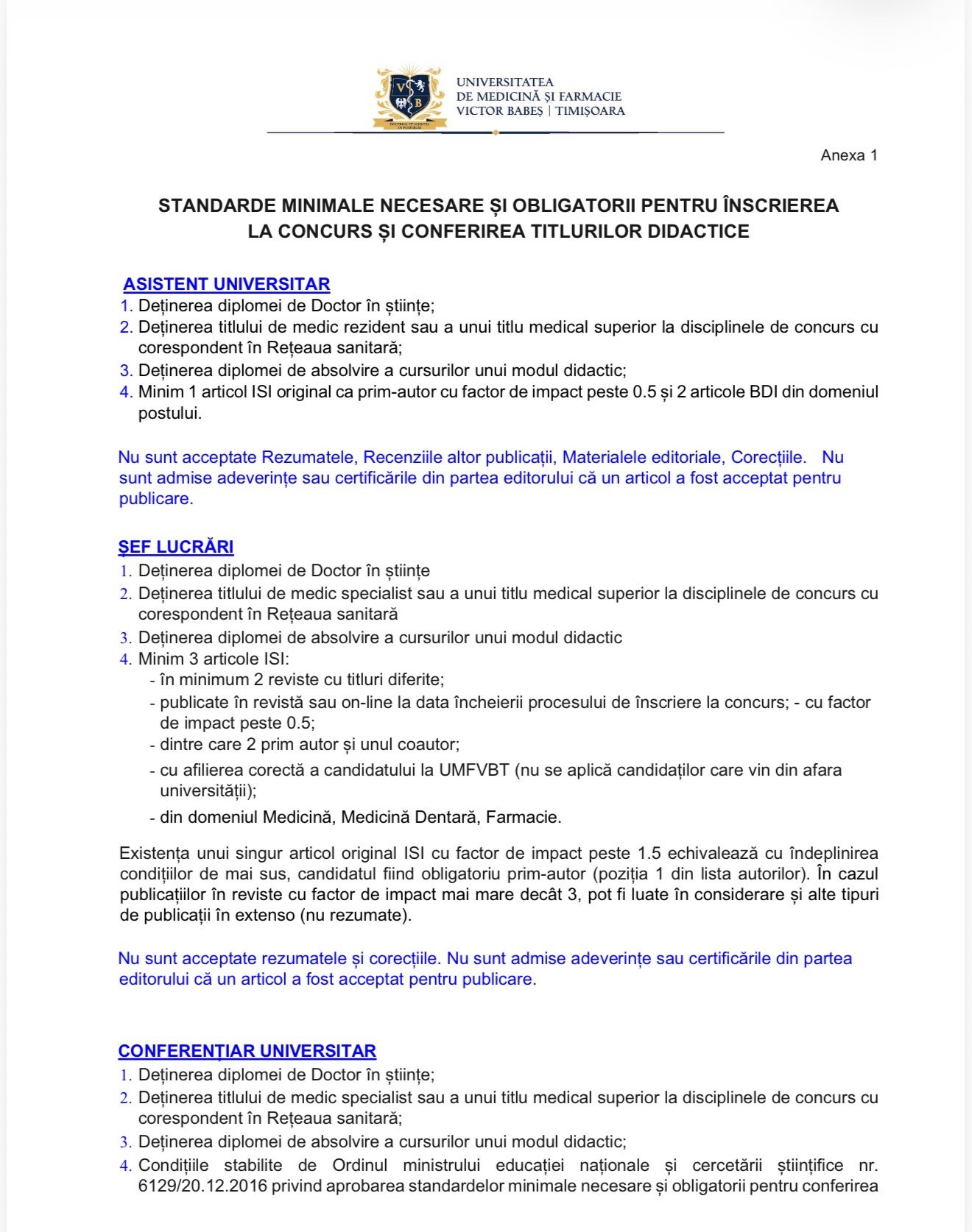 Document oficial cu standarde pentru conferirea titlurilor didactice la Universitatea de Medicină și Farmacie.