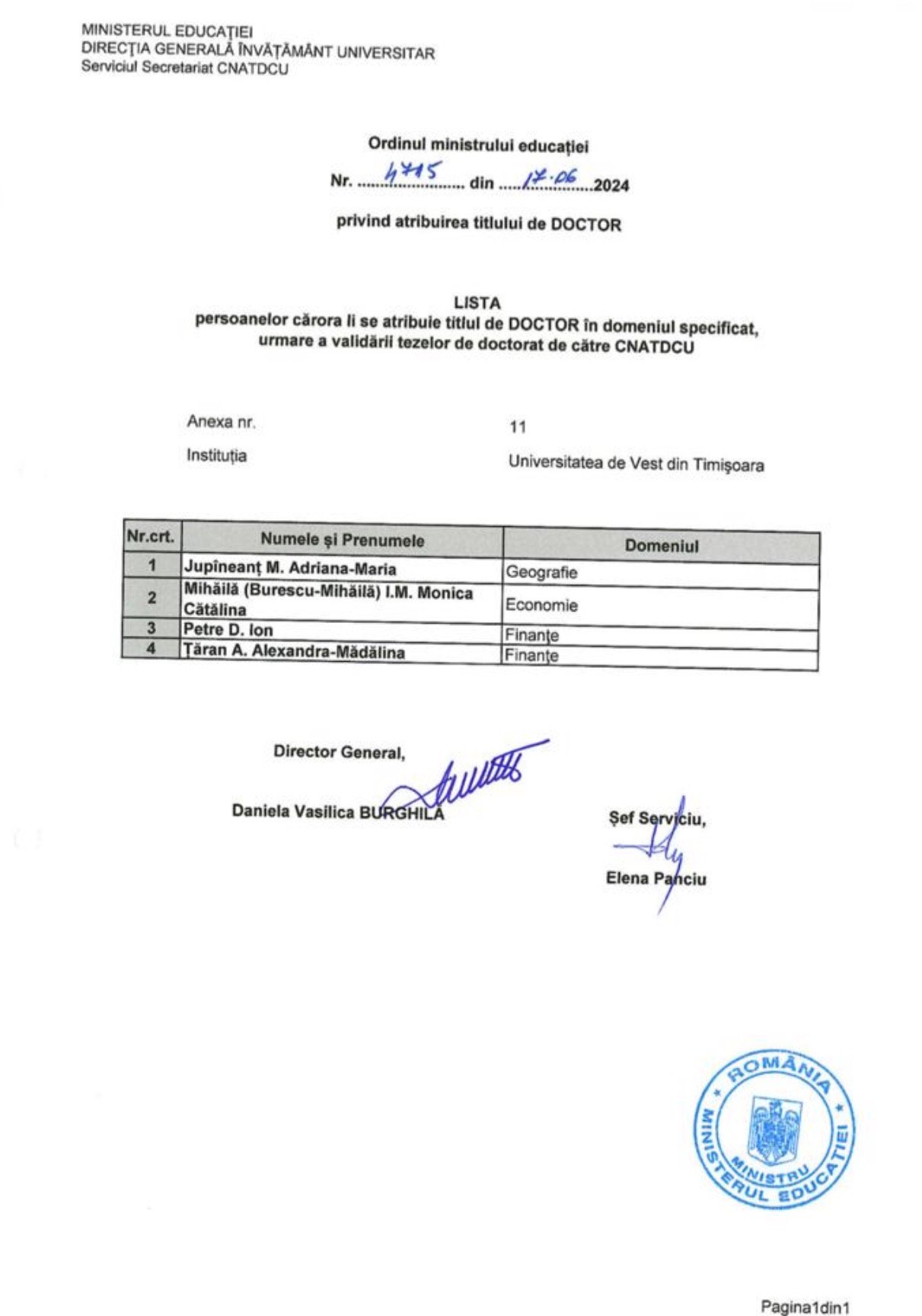 Document oficial al Ministerului Educației privind atribuirea titlului de doctor, cu o listă de persoane.