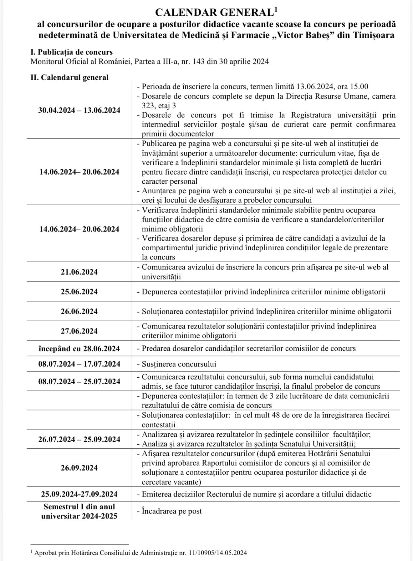 Calendar general al concursurilor pentru posturi didactice vacante la Universitatea de Medicină și Farmacie Timișoara.