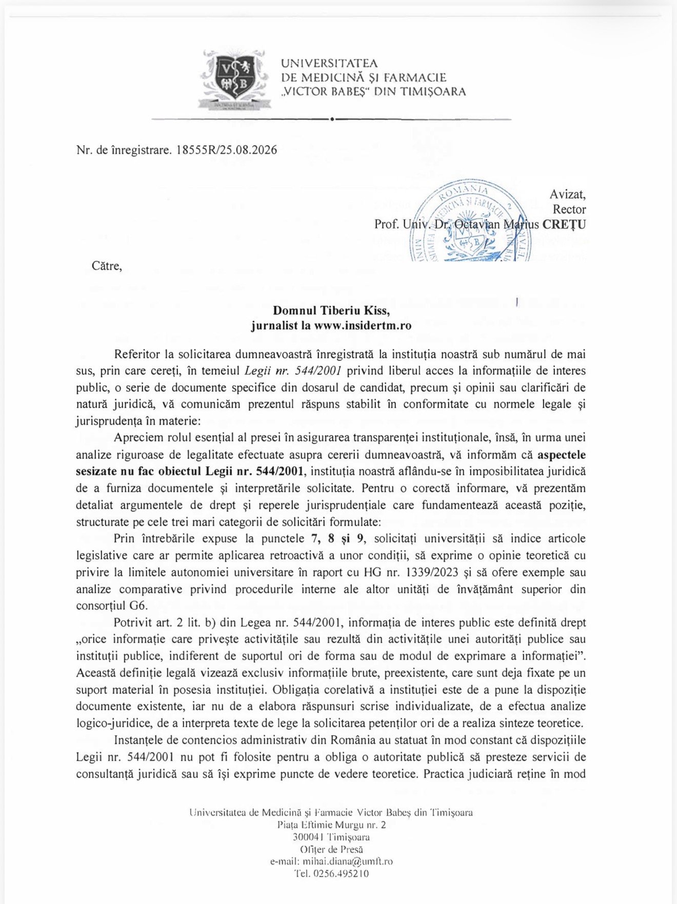 Document oficial de la Universitatea de Medicină și Farmacie "Victor Babeș" din Timișoara, adresat unui jurnalist.