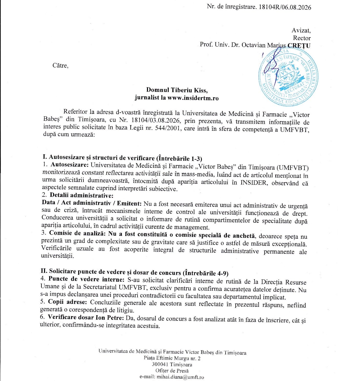 Document oficial de la Universitatea de Medicină și Farmacie Timișoara, adresat unui jurnalist.