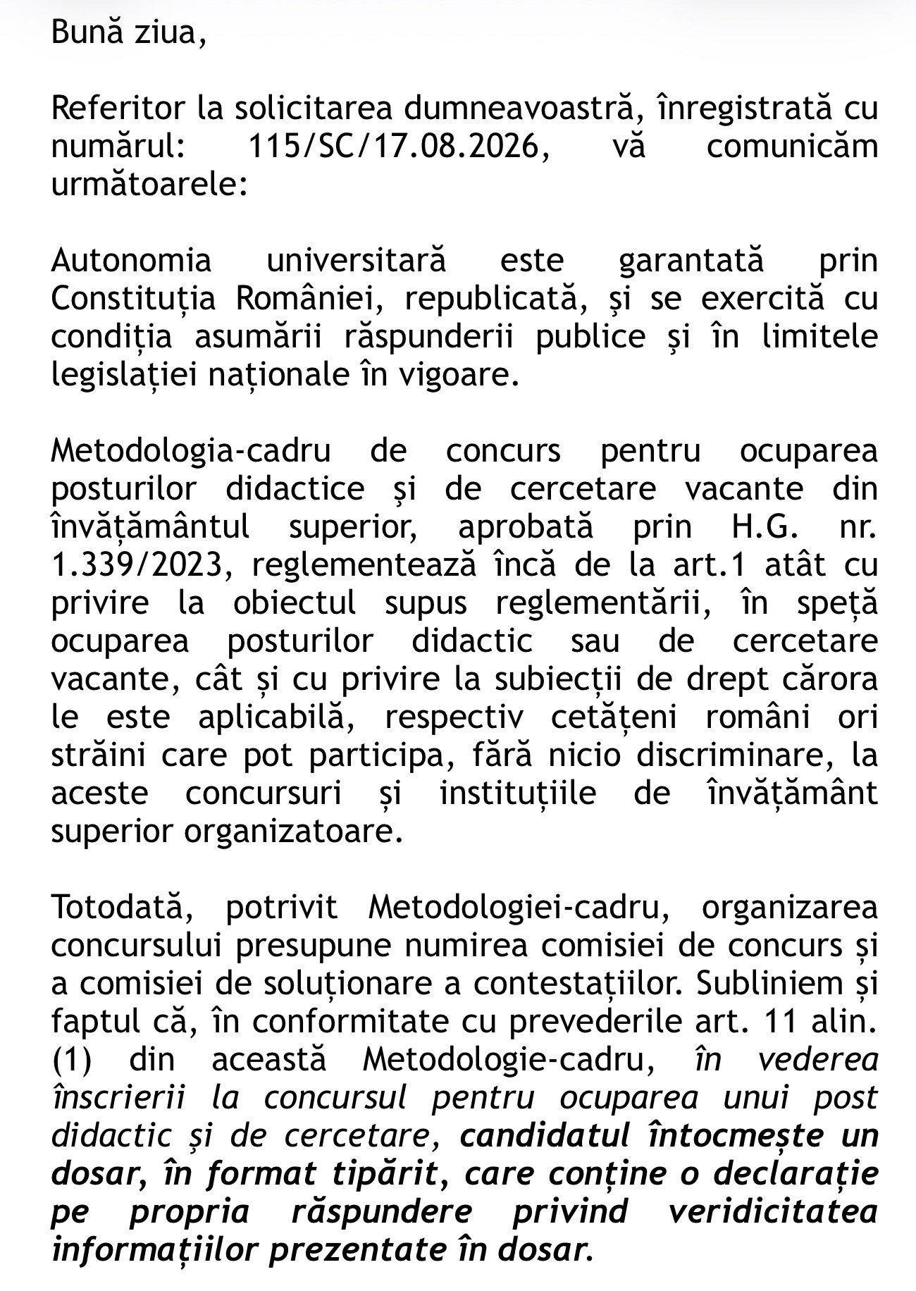 Document oficial cu text privind autonomia universitară și metodologia de concurs pentru posturi didactice.
