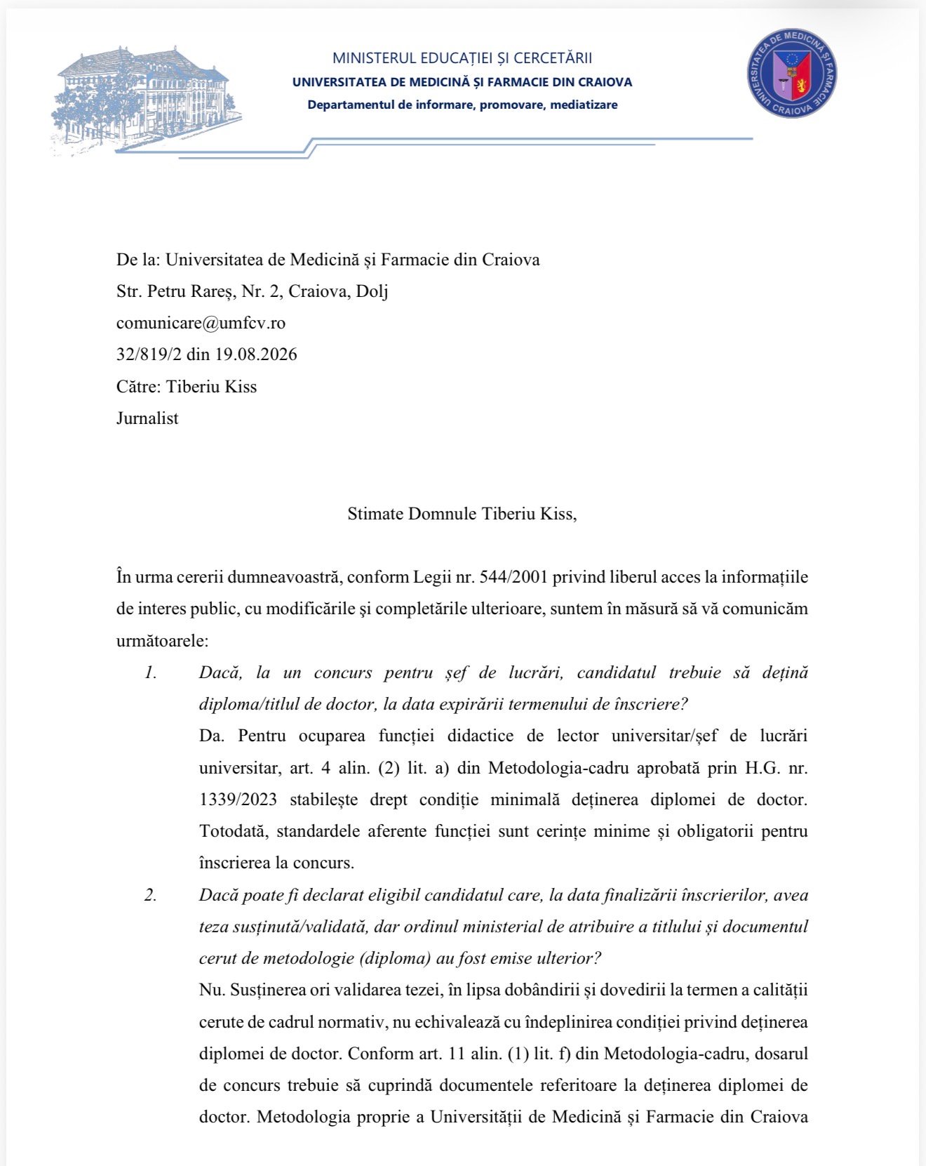 Document oficial de la Universitatea de Medicină și Farmacie din Craiova, adresat unui jurnalist.