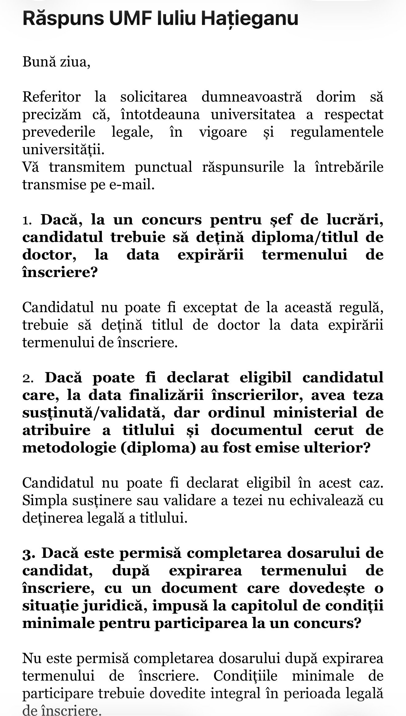 Text oficial de la UMF Iuliu Hațieganu despre cerințe pentru concursuri academice.